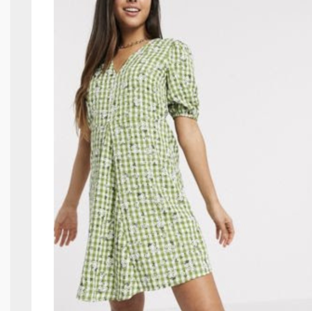 Vila Green gingham check floral puff sleeve prairie dress